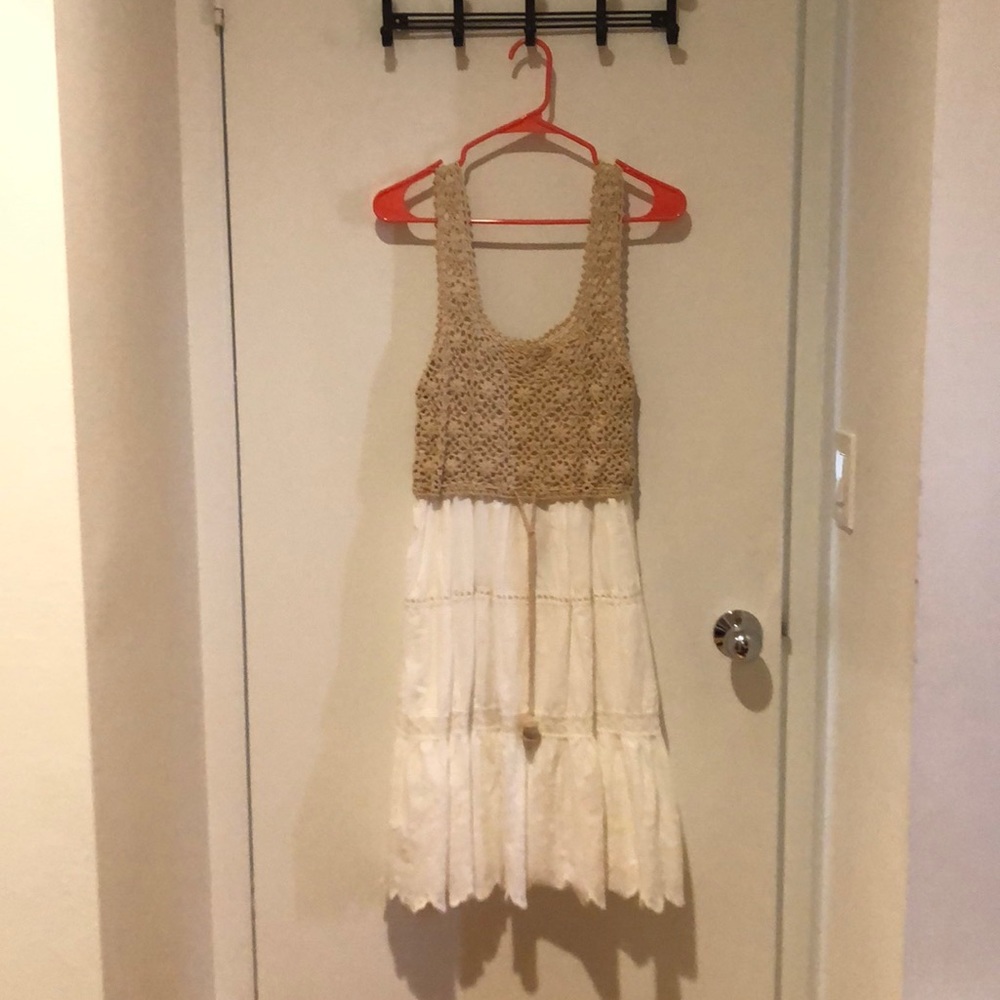 Anthropologie white dress with tan crochet